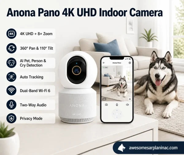 Anona 4K indoor dog camera monitoring Siberian Husky in living room.
