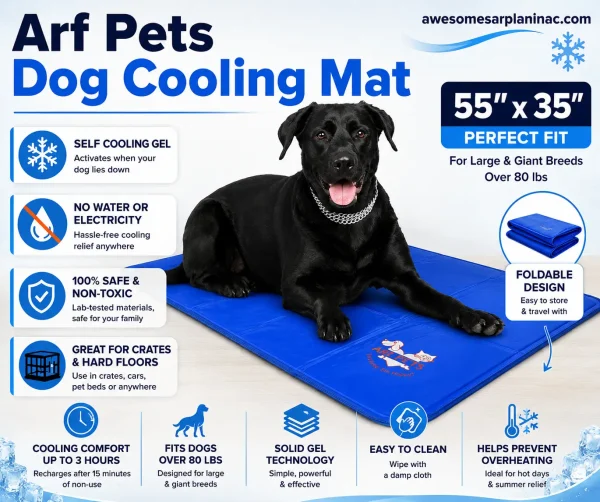 Black Labrador retriever lying on an Arf Pets dog cooling mat, 55 x 35 inches, with highlights for self-cooling gel, foldable design, and use on crates and hard floors.