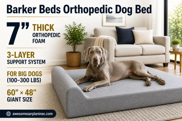 Weimaraner dog lying on 7 inch orthopedic dog bed in modern living room