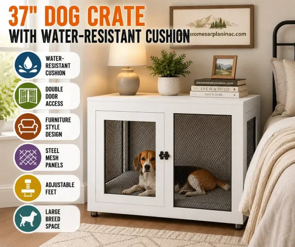 White furniture-style dog crate with a water-resistant cushion, double-door access, and steel mesh panels placed in a bedroom corner. A Beagle rests comfortably inside the indoor dog crate that doubles as an end table.