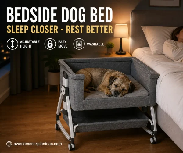 border terrier sleeping in bedside dog bed next to human bed