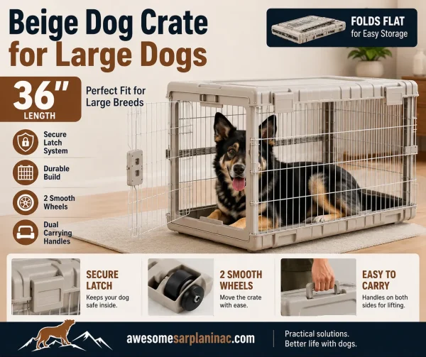Beige 36-inch collapsible dog crate for large dogs with foldable design, smooth wheels, secure latch system, and portable (indoor).