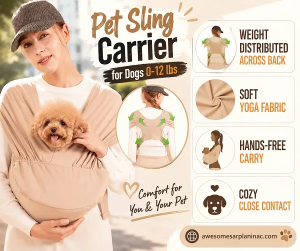 Toy Poodle in a beige pet sling carrier featuring soft yoga fabric, hands-free comfort, and weight-distributing support for dogs up to 12 lbs