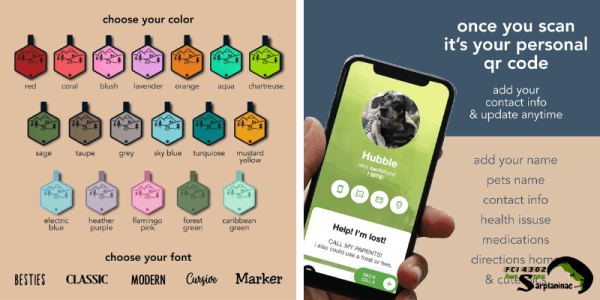 Besties Pets QR Code Dog Identification tag made from 100% food-grade silicone, showing the digital profile accessed via the scannable code, with 18 unique color and font options.