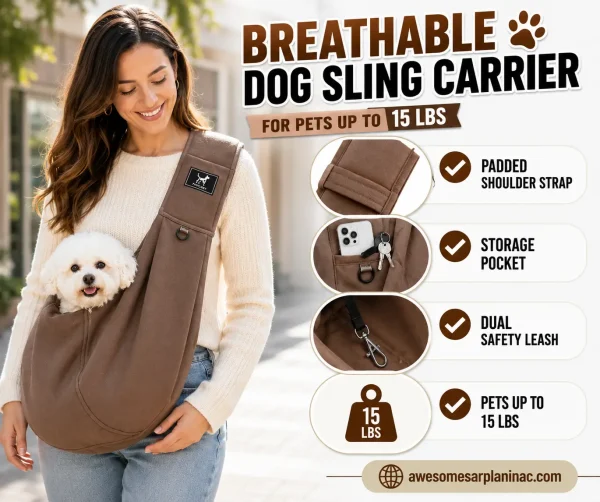 Bichon Frise dog sitting in a breathable dog sling carrier with padded shoulder strap, safety leash, and storage pocket for small pets up to 15 lbs.