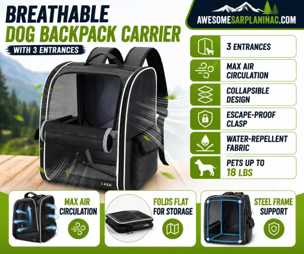 Breathable dog backpack carrier with 3 entrances, mesh ventilation panels, collapsible design, escape-proof clasp, and water-repellent fabric for pets up to 18 lbs.