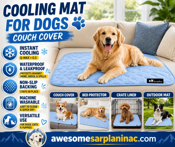 Golden Retriever lying on a light blue waterproof cooling mat on a couch, with additional images showing a Corgi, Poodle mix, and Border Collie using the cooling pet mat indoors, in a crate, on a bed, and outdoors