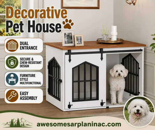 White farmhouse dog crate furniture with a sliding barn door, side entrance, metal bars, and wooden tabletop for small and medium dogs.