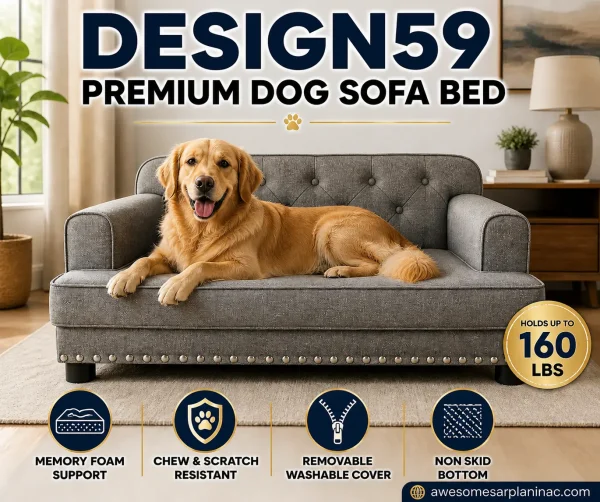 Golden retriever lying on Design59 premium dog sofa bed with memory foam support, chew resistant fabric, removable washable cover and non skid bottom