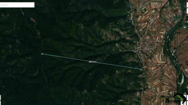 Satellite map showing the 5-kilometer hiking route from Awesome Sarplaninac kennel in Tresnjevica to Mount Juhor.