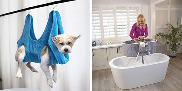 Dog in a blue grooming hammock and a woman bathing a pet in a portable bathtub.