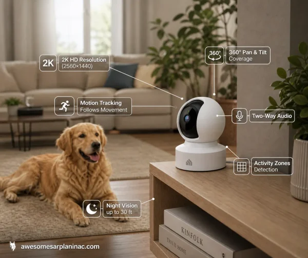 golden retriever monitored with Kasa 360 degree indoor dog camera.