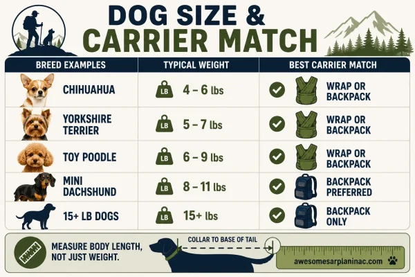 Dog carrier size guide infographic showing Chihuahua, Yorkshire Terrier, Toy Poodle and Mini Dachshund weight ranges with recommended carrier types and body length measurement tips.