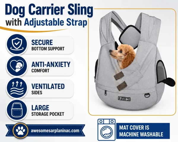 Dog carrier sling with adjustable strap, secure bottom support, ventilated sides, anti-anxiety comfort design, and large storage pocket for small dogs.