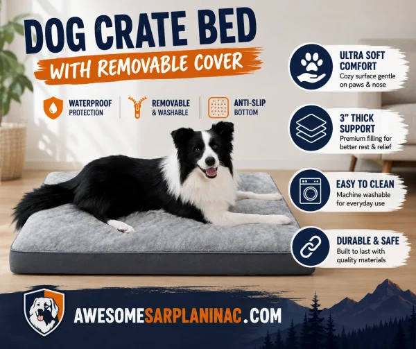 Border Collie lying on a gray dog crate bed with removable washable cover and anti-slip bottom