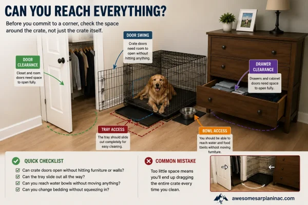 Dog crate placed in a small home corner with space for crate doors, tray access, water bowls, closet doors, and dresser drawers.