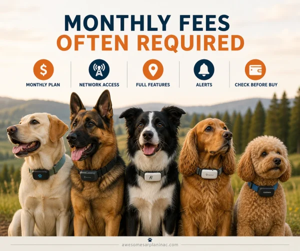Labrador Retriever, German Shepherd, Border Collie, Cocker Spaniel and Poodle wearing different GPS tracker collars outside on grass.