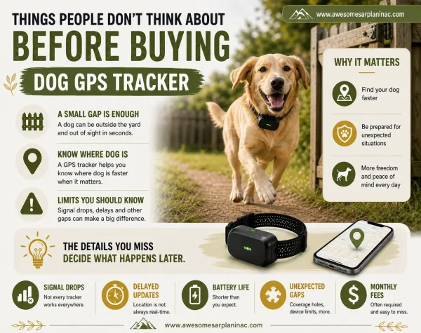 Things people don’t think about before buying a dog GPS tracker – signal, battery, and tracking limits.