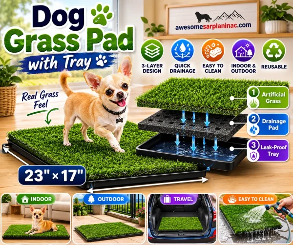 Dog grass pad with tray featuring a 3-layer design, leak-proof base, and a Chihuahua standing beside the artificial grass potty area