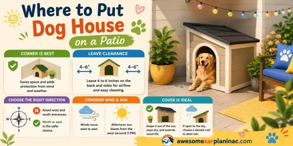 Illustrated guide showing the best location for a dog house on a patio with clearance, airflow, sun protection, and covered placement tips