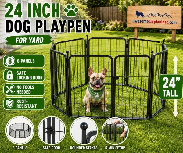 French Bulldog inside a 24-inch metal dog playpen with 8 panels and secure gate in a backyard.