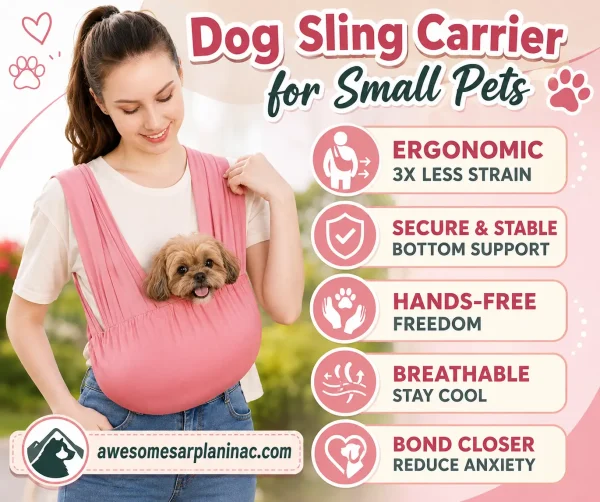 Pink dog sling carrier for small pets with ergonomic dual shoulder straps, secure bottom support, breathable fabric, and hands-free design.