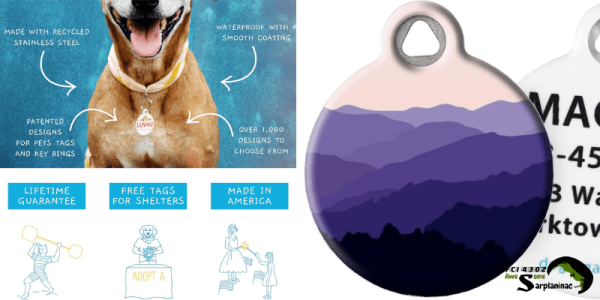 Dog Tag Art Custom ID Tag with a purple mountain landscape design, featuring a noiseless polymer coating and made from recycled stainless steel for durability.
