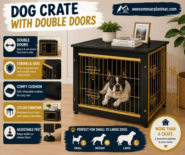 Black and gold furniture-style dog crate with double doors, soft cushion, adjustable feet, and a French Bulldog resting inside.