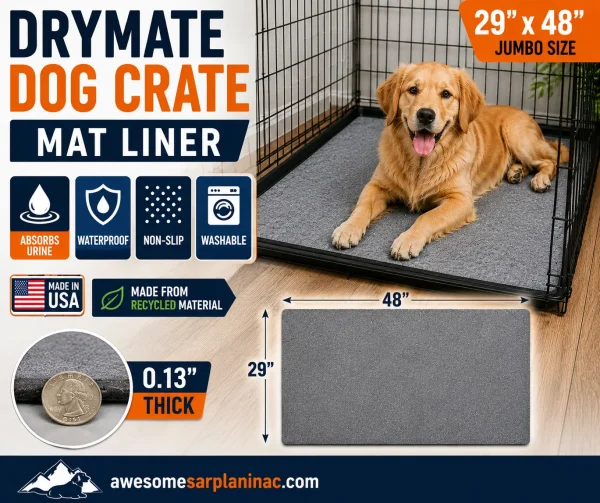 Golden Retriever lying on a Drymate dog crate mat liner inside a metal dog crate on a hardwood floor