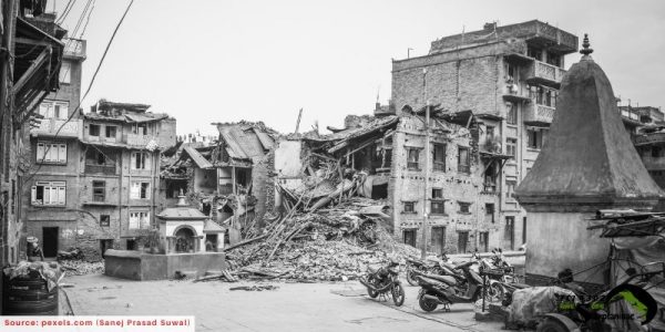 Ruins of buildings after a powerful earthquake