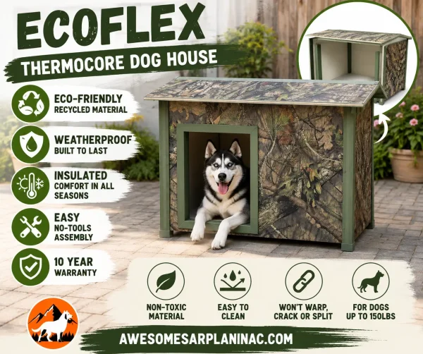 Weather-resistant ECOFLEX dog house with camouflage finish, sloped roof, and spacious interior for large dogs (Siberian Husky).
