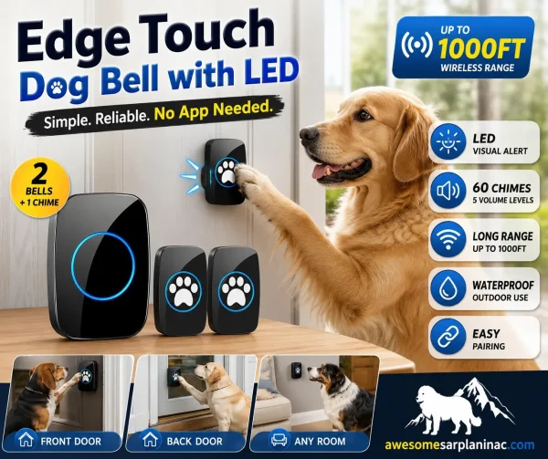 Edge Touch wireless dog doorbell with LED alert, waterproof paw button, long-range receiver, and app-free setup for potty training dogs