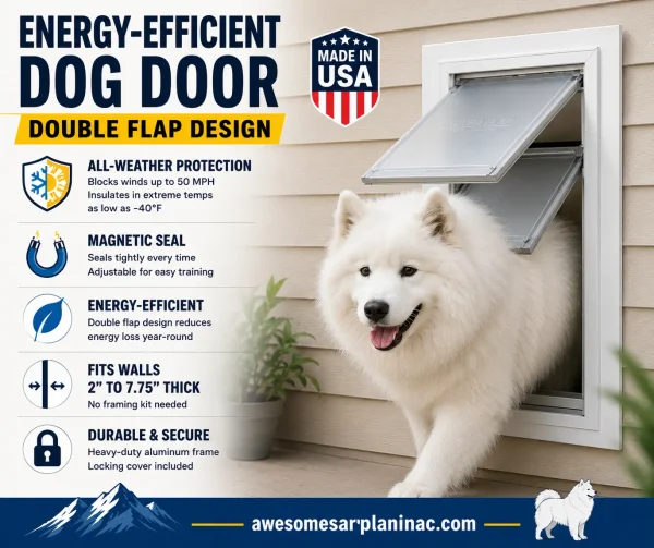 Samoyed dog walking through an energy-efficient double flap dog door installed in an exterior wall
