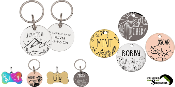 EPIGNA lightweight, round stainless steel dog ID tag with a mountain/sun graphic and double-sided engraving, ideal for active working dogs and multi-gear setups.