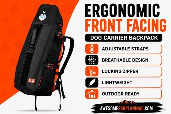 Ergonomic front facing dog carrier backpack with adjustable straps, breathable design, locking zipper, lightweight construction, and outdoor-ready features.