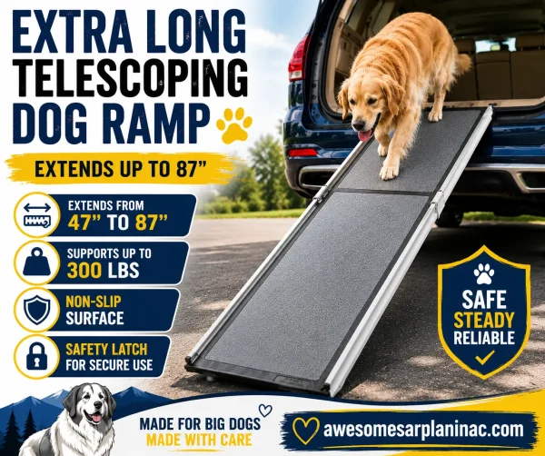 Golden Retriever using an extra long telescoping dog ramp with non-slip surface near an SUV