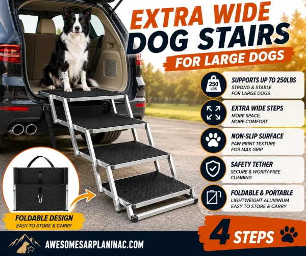 Border Collie using extra wide non-slip dog stairs for large dogs near SUV trunk