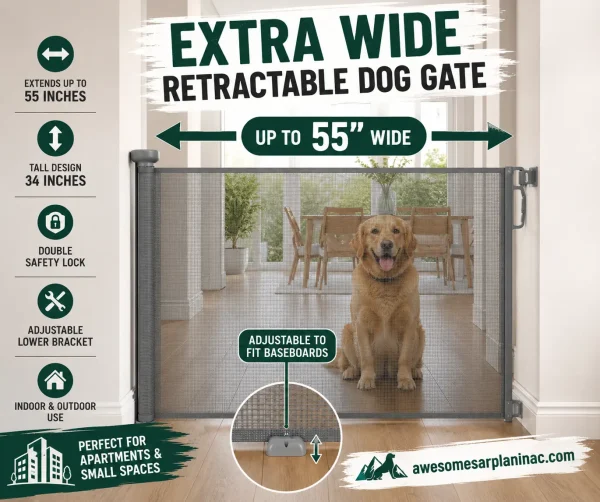 Extra wide retractable dog gate for apartments and small spaces with adjustable width up to 55 inches and mesh design for indoor doorways