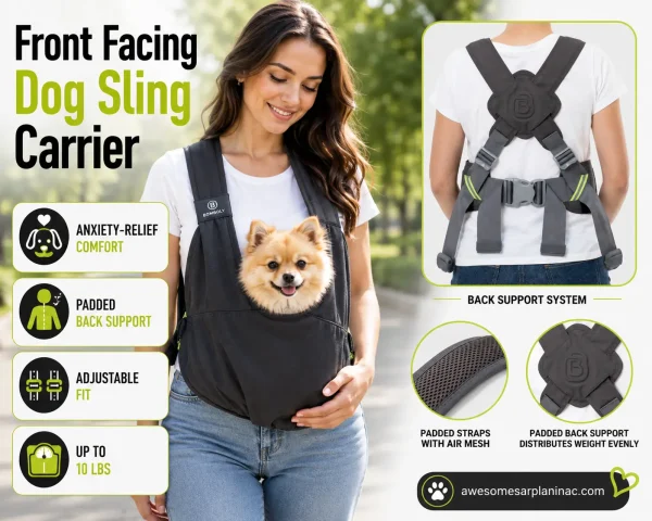 Pomeranian dog in a front facing dog sling carrier with padded back support, adjustable fit, and anxiety-relief comfort for small dogs up to 10 lbs