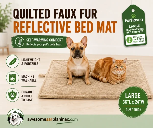 French Bulldog and orange tabby cat resting on a Furhaven quilted faux fur reflective bed mat designed for lightweight indoor comfort and everyday use