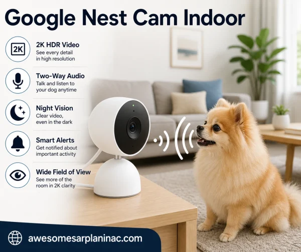pomeranian dog interacting with google nest cam indoor two way audio