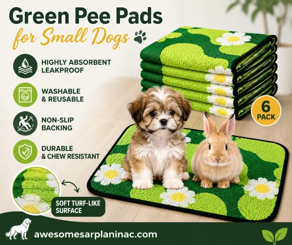 Green reusable waterproof pee pads for small dogs and puppies with non-slip backing and washable leakproof fabric, shown with fluffy small-breed puppy and rabbit on soft grass-style training mat