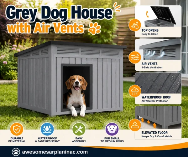 Modern grey dog house featuring 3-side ventilation, waterproof construction, elevated floor, and a Beagle resting comfortably inside.