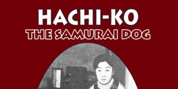 Graphic book cover of Hachiko The Samurai Dog with a red background and historical portrait of a Japanese woman.