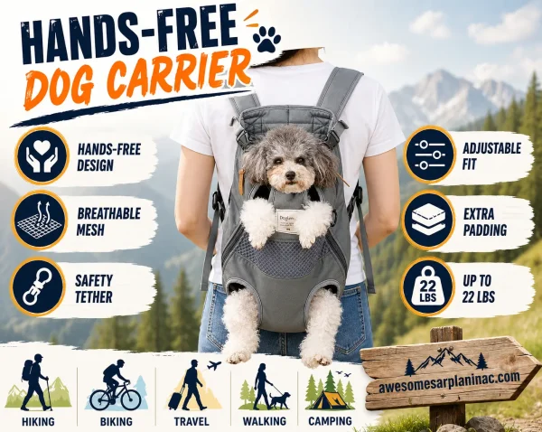 Small dog carrier (backpack) with breathable mesh, adjustable straps, safety tether, padded shoulder support, and a comfortable legs-out design for hiking, walking, travel, and everyday outdoor adventures.