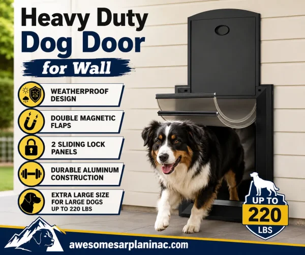 Australian Shepherd using heavy duty wall dog door with double magnetic flaps and aluminum frame for large dogs up to 220 lbs