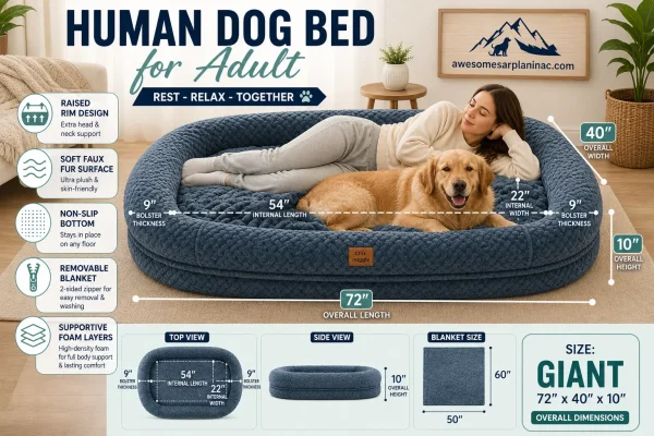 Woman relaxing inside a large blue human dog bed with raised rim design and removable blanket beside a Golden Retriever in a modern living room. The image highlights supportive foam layers, soft faux fur surface, non-slip bottom, and giant 72 x 40 x 10 inch dimensions.