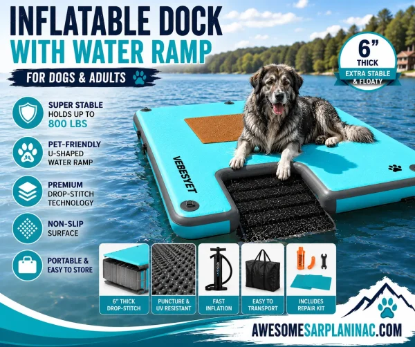 Large dog resting on a non-slip inflatable floating dock with a built-in water ramp for dogs and adults on a lake