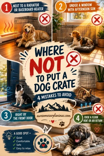 Infographic showing four dog crate placement mistakes inside a home: next to a radiator or baseboard heater, under a window with afternoon sun, beside the front door, and over a floor vent. Features several dog breeds including Golden Retriever, Beagle, Border Collie, French Bulldog, and Sarplaninac puppy.