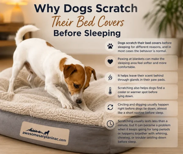 Jack Russell Terrier scratching a soft dog bed cover before sleeping indoors